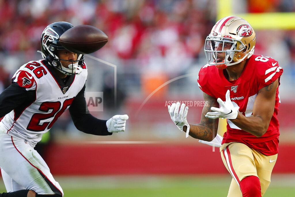 John Hefti San Francisco 49ers wide receiver Kendrick Bourne, right, catches a pass against Atlanta Falcons cornerback Isaiah Oliver (26) during the second half of an NFL football game in Santa Clara, Calif., Sunday, Dec. 15, 2019. (AP Photo/John Hefti)