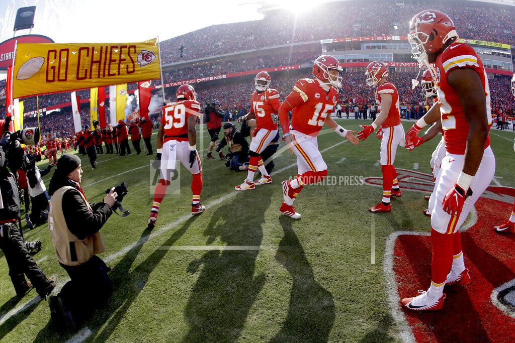 Charlie Riedel Kansas City Chiefs' Patrick Mahomes (15) is introduced before the NFL AFC Championship football game against the Tennessee Titans Sunday, Jan. 19, 2020, in Kansas City, MO. (AP Photo/Charlie Riedel)