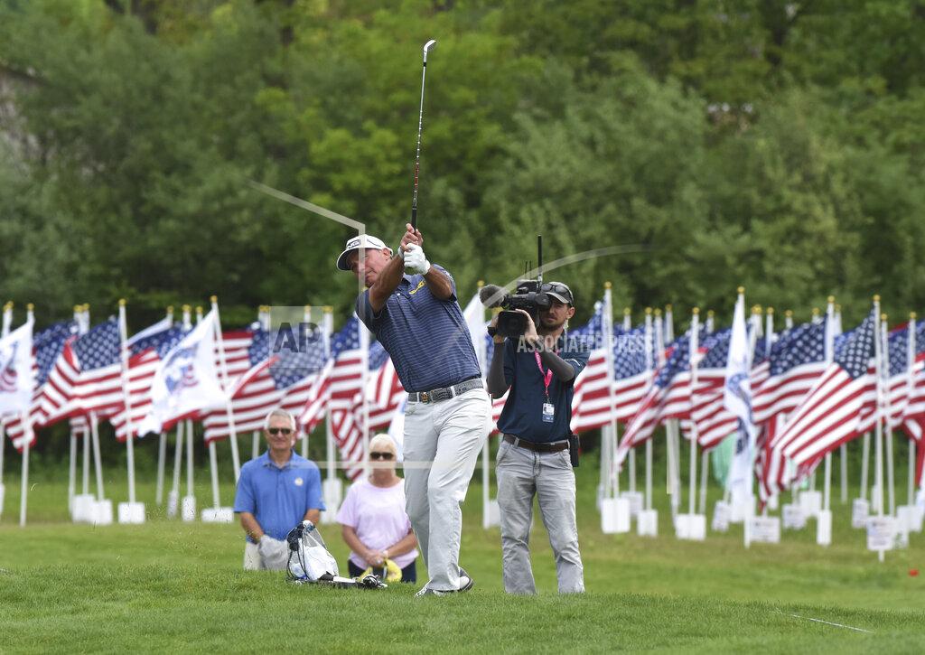 Don Campbell Chris DiMarco hits to the 18th green during the first round of the Senior PGA Championship golf tournament Thursday, May 26, 2022, at Harbor Shores in Benton Harbor, Mich. (Don Campbell/The Herald-Palladium via AP)