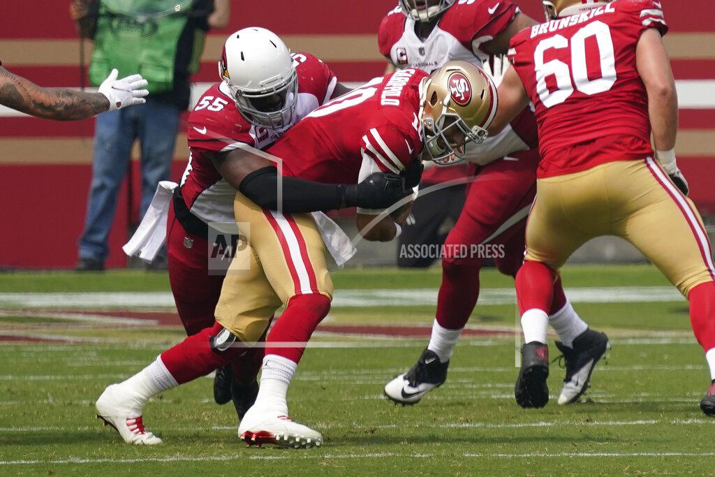 Tony Avelar Arizona Cardinals linebacker Chandler Jones (55) sacks San Francisco 49ers quarterback Jimmy Garoppolo during the first half of an NFL football game in Santa Clara, Calif., Sunday, Sept. 13, 2020. (AP Photo/Tony Avelar)