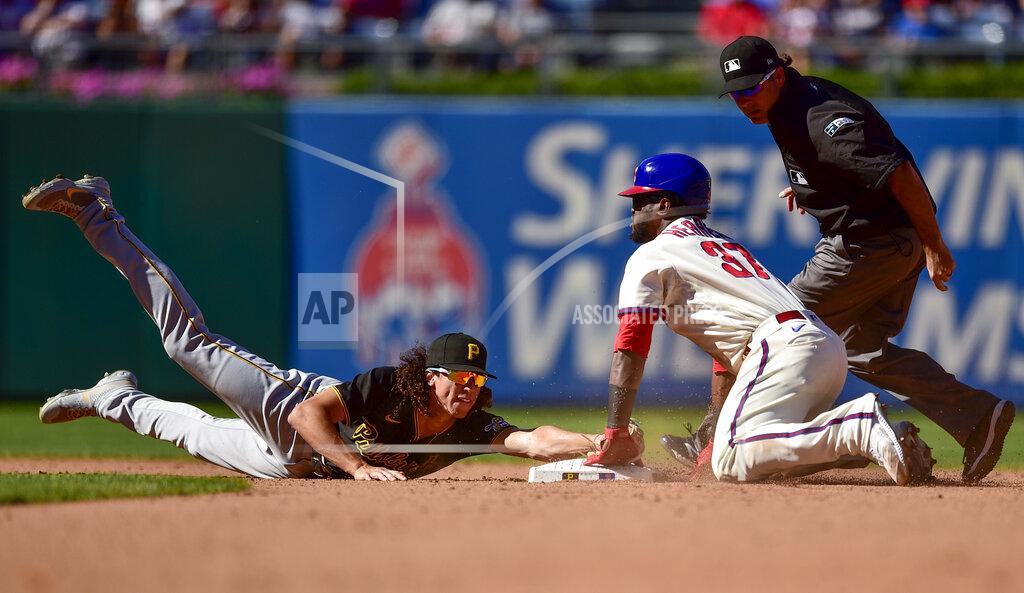 Derik Hamilton Philadelphia Phillies' Odubel Herrera (37) slides safely into second base for a double past the tag of Pittsburgh Pirates' Cole Tucker, left, during the fifth inning of a baseball game, Sunday, Sept. 26, 2021, in Philadelphia. (AP Photo/Derik Hamilton)