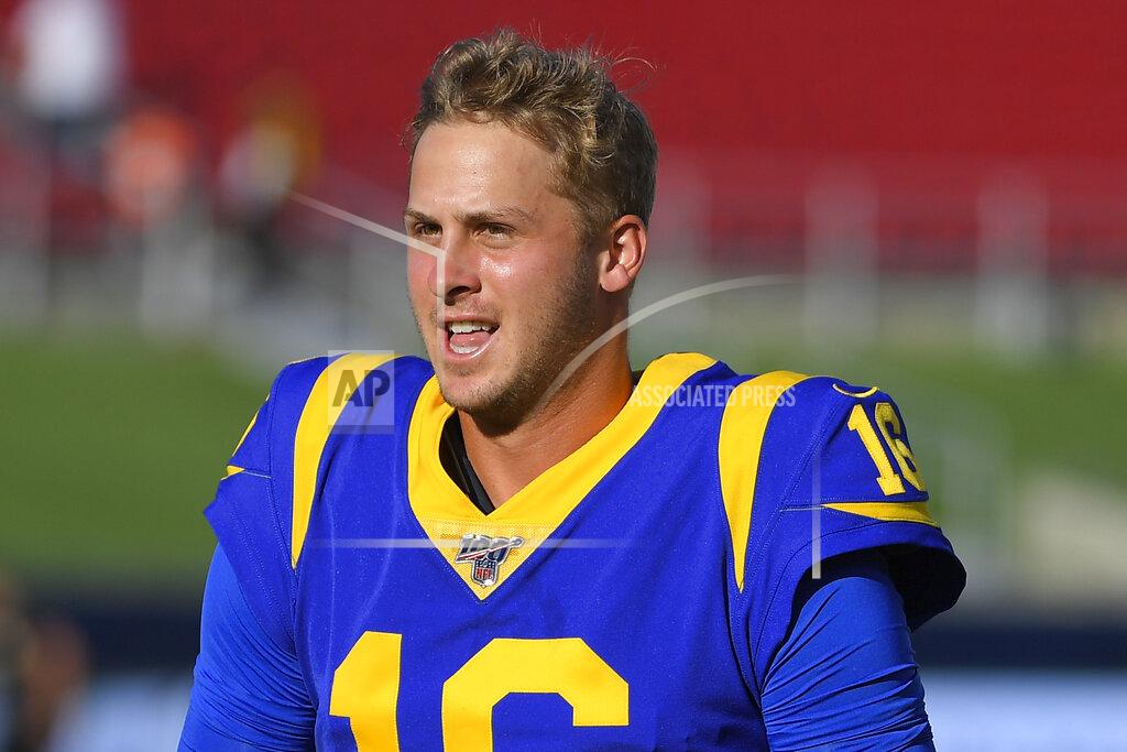 Mark J. Terrill FILE - In this Aug. 24, 2019, file photo, Los Angeles Rams quarterback Jared Goff (16) warms up before the start of an NFL preseason football game against the Denver Broncos in Los Angeles. The Rams play at the Carolina Panthers on Sunday. (AP Photo/Mark J. Terrill, File)