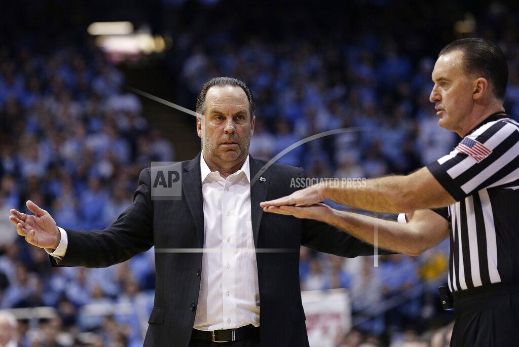 Gerry Broome Notre Dame coach Mike Brey reacts to an official's call during the second half of the team's NCAA college basketball game against North Carolina in Chapel Hill, N.C., Tuesday, Jan. 15, 2019. North Carolina won 75-69. (AP Photo/Gerry Broome)