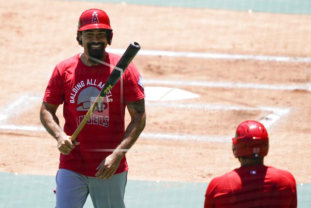 Ashley Landis Los Angeles Angels' Anthony Rendon smiles after batting during practice at Angels Stadium on Friday, July 3, 2020, in Anaheim, Calif. (AP Photo/Ashley Landis)