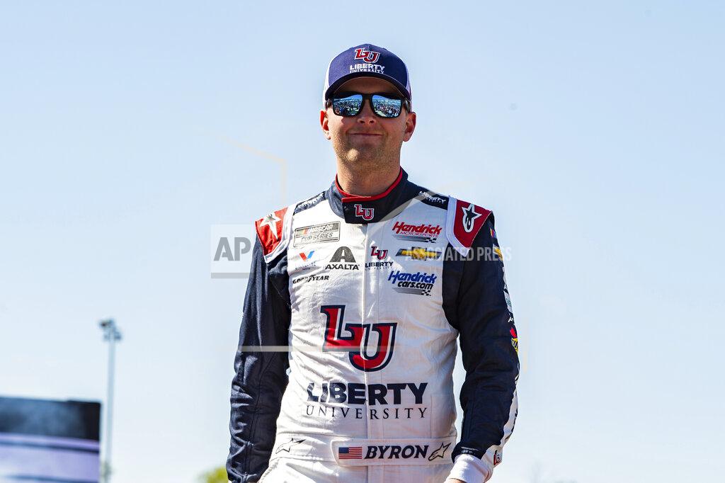 Mike Caudill William Byron is introduced during driver introductions at a NASCAR Cup Series auto race at Richmond Raceway on Sunday, April 3, 2022, in Richmond, Va. (AP Photo/Mike Caudill)