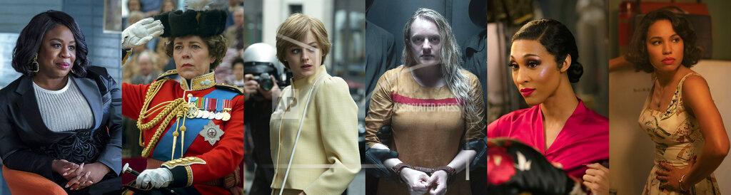 Uncredited This combination of photos shows Emmy nominees for lead actress in a drama series, from left, Uzo Aduba in "In Treatment," Olivia Colman in "The Crown," Emma Corrin in "The Crown," Elisabeth Moss in "The Handmaid's Tale," Mj Rodriguez in "Pose," and Jurnee Smollett in "Lovecraft Country." (HBO/Netflix/Netflix/Hulu/FX/HBO via AP)