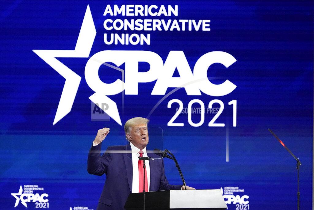 John Raoux Former president Donald Trump speaks at the Conservative Political Action Conference (CPAC) Sunday, Feb. 28, 2021, in Orlando, Fla. (AP Photo/John Raoux)
