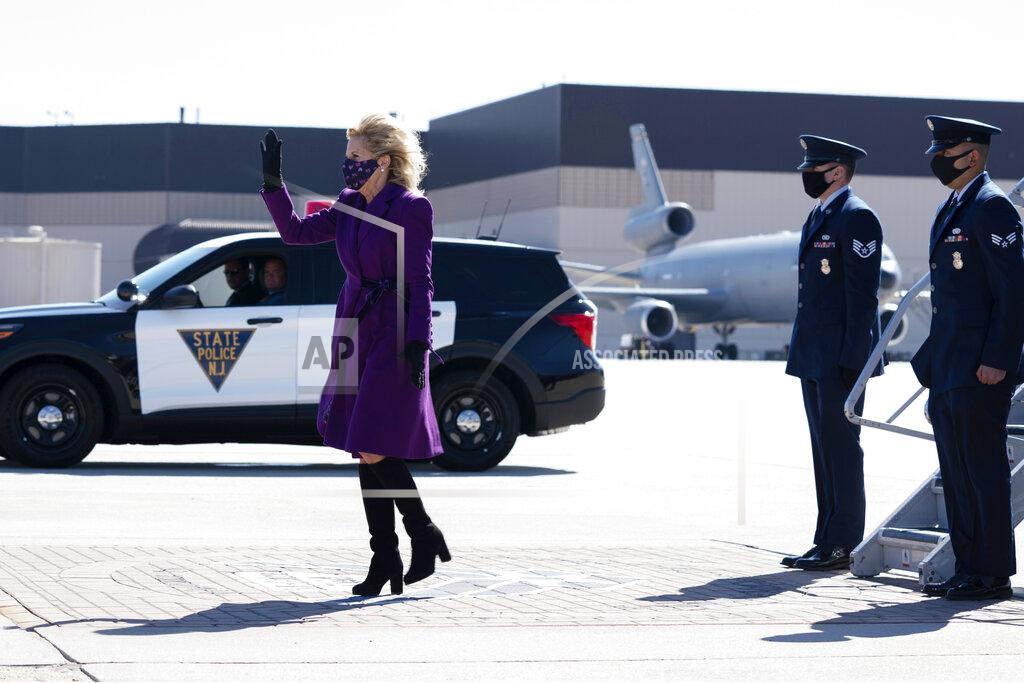 Anna Moneymaker First lady Jill Biden deplanes at the McGuire Air Force Base, Monday, March 15, 2021, in Burlington, N.J. The first lady is part of a Biden administration cross-country tour this week to highlight the benefits of the $1.9 trillion coronavirus relief plan. (Anna Moneymaker/Pool via AP)