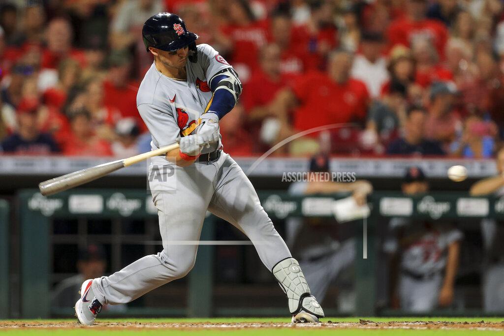 Aaron Doster St. Louis Cardinals' Andrew Knizner hits a two-RBI ground rule double during the sixth inning of a baseball game against the Cincinnati Reds in Cincinnati, Friday, July 23, 2021. (AP Photo/Aaron Doster)