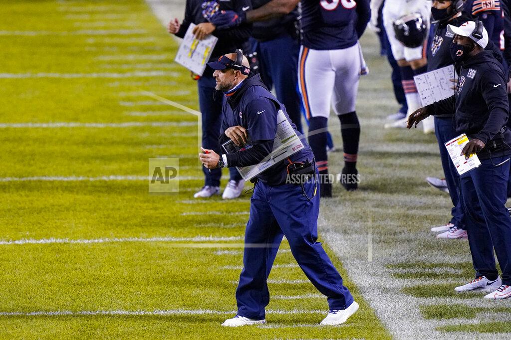 Nam Y. Huh Chicago Bears coach Matt Nagy yells from the sideline during the first half of the team's NFL football game against the Tampa Bay Buccaneers in Chicago, Thursday, Oct. 8, 2020. (AP Photo/Nam Y. Huh)