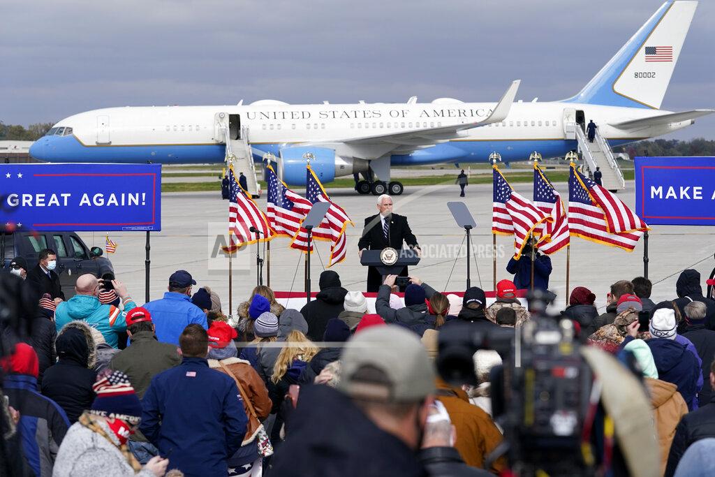 Charlie Neibergall Vice President Mike Pence speaks during an airport rally, Thursday, Oct. 29, 2020, in Des Moines, Iowa. (AP Photo/Charlie Neibergall)