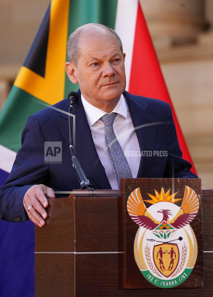 Themba Hadebe German Chancellor Olaf Scholz takes a question during a joint press conference with South Africa President Cyril Ramaphosa at the Union Building in Pretoria, South Africa, Tuesday, May 24, 2022. (AP Photo/Themba Hadebe)