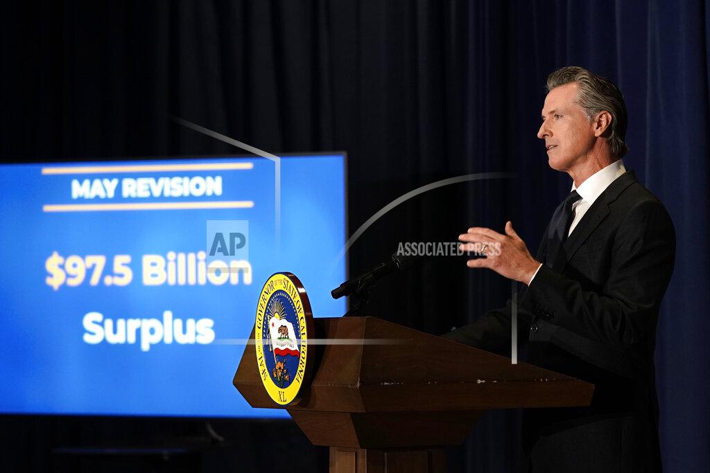 Rich Pedroncelli California Gov. Gavin Newsom outlines his 2022-2023 state budget revision during a news conference in Sacramento, Calif., Friday, May 13, 2022. (AP Photo/Rich Pedroncelli)