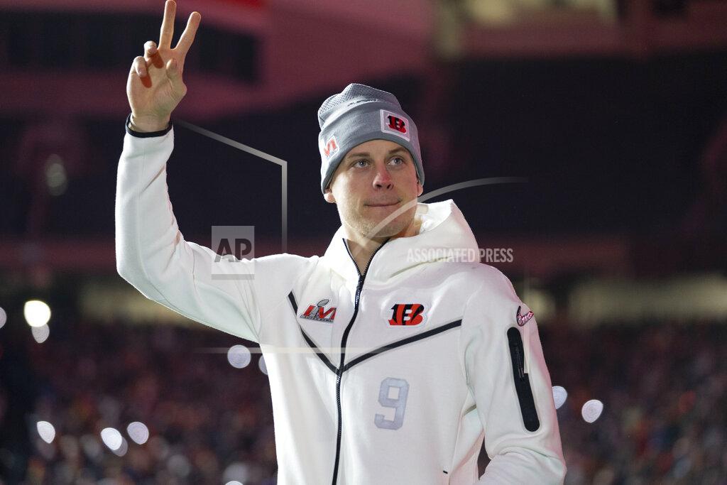 Jeff Dean Cincinnati Bengals quarterback Joe Burrow enters the field during the Super Bowl LVI Opening Night Fan Rally, Monday, Feb. 7, 2022, in Cincinnati. (AP Photo/Jeff Dean)