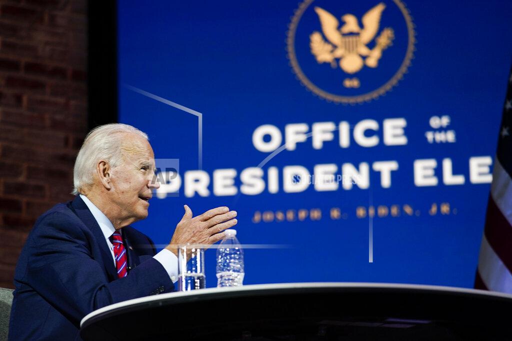 President-elect Joe Biden speaks during a meeting at The Queen theater Monday, Nov. 23, 2020, in Wilmington, Del. (AP Photo/Carolyn Kaster)