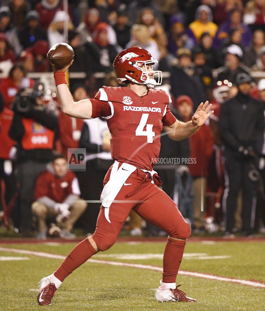 Michael Woods Arkansas quarterback Ty Storey drops back to pass against LSU during the second half of an NCAA college football game, Saturday, Nov. 10, 2018, in Fayetteville, Ark. LSU won, 24-17. (AP Photo/Michael Woods)