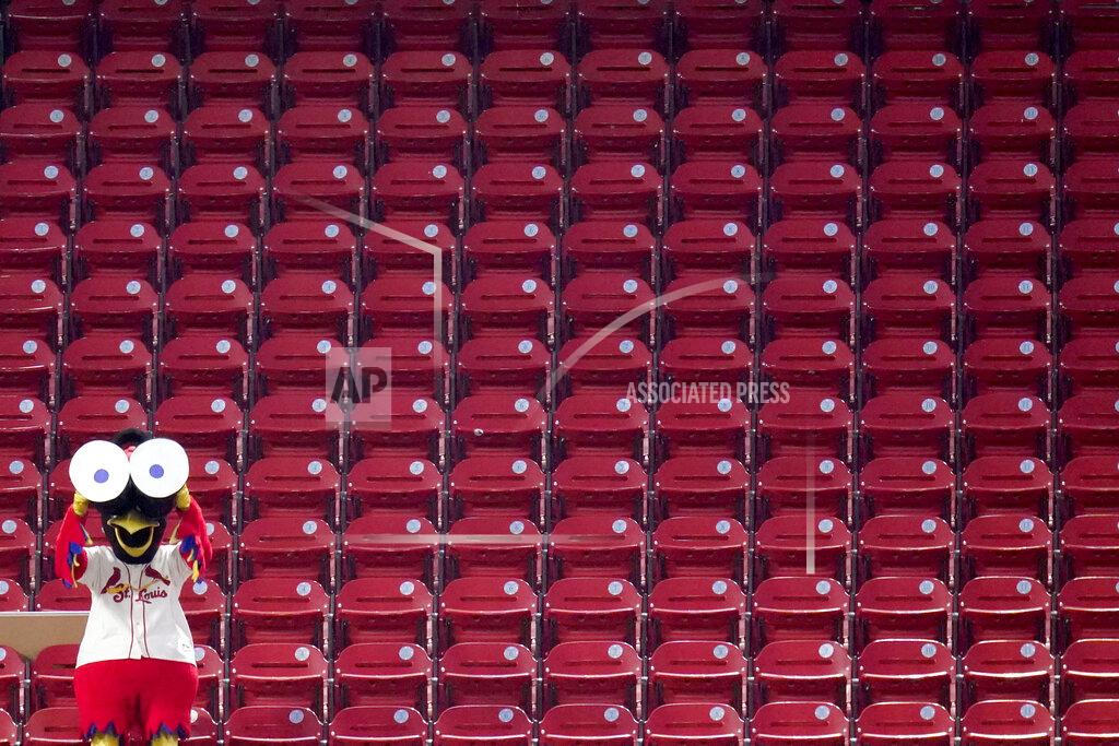 Jeff Roberson St. Louis Cardinals mascot, Fred Bird, watches from an upper deck in Busch Stadium during a baseball game between the St. Louis Cardinals and the Cincinnati Reds Saturday, Aug. 22, 2020, in St. Louis. (AP Photo/Jeff Roberson)