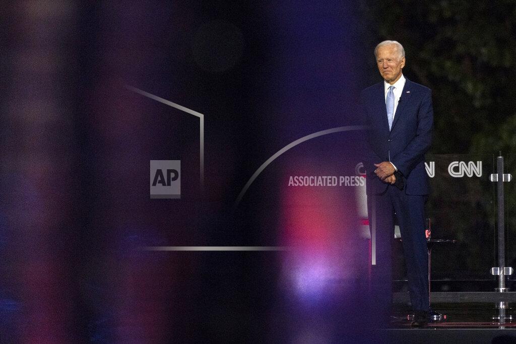 Carolyn Kaster Democratic presidential candidate former Vice President Joe Biden pauses on stage during a CNN town hall in Moosic, Pa., Thursday, Sept. 17, 2020. (AP Photo/Carolyn Kaster)