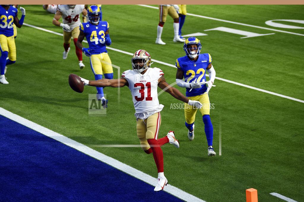 Kelvin Kuo San Francisco 49ers running back Raheem Mostert scores a rushing touchdown against the Los Angeles Rams during the first half of an NFL football game Sunday, Nov. 29, 2020, in Inglewood, Calif. (AP Photo/Kelvin Kuo)