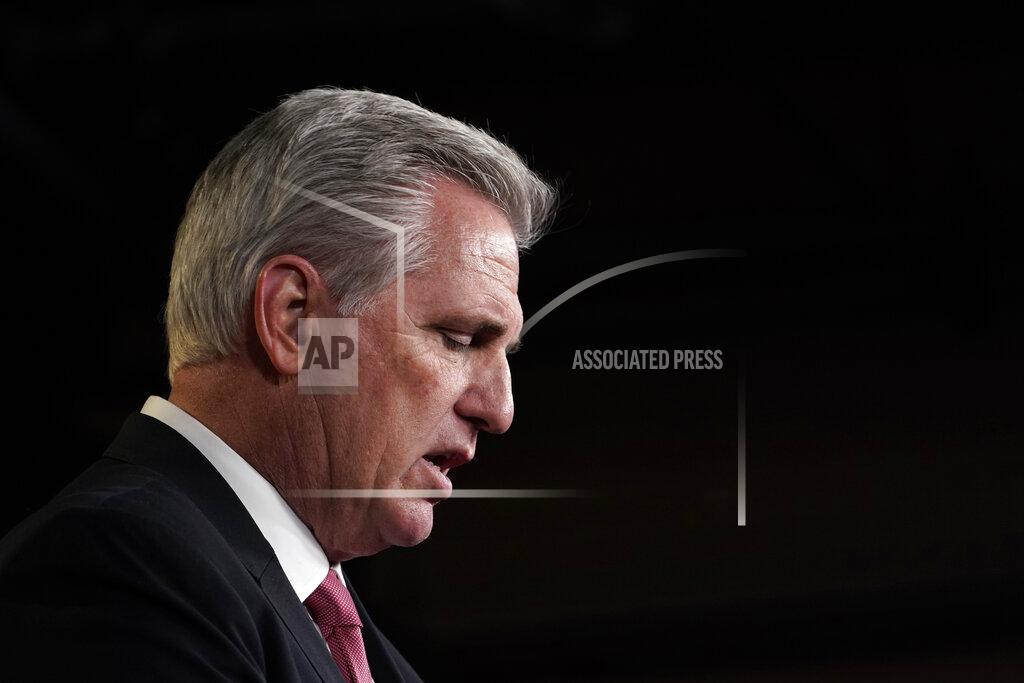 Susan Walsh FILE - In this Jan. 21, 2021 file photo House Minority Leader Kevin McCarthy of Calif., speaks during a news conference on Capitol Hill in Washington. At a time when California residents were being urged to avoid social gatherings, McCarthy attended his son's wedding in December in San Luis Obispo County, along with a small group of family members. (AP Photo/Susan Walsh,File)
