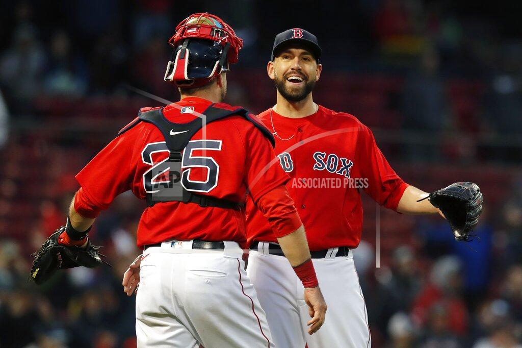 Michael Dwyer Boston Red Sox's Matt Barnes and Kevin Plawecki (25) celebrate after defeating the Miami Marlins in the ninth inning of a baseball game, Saturday, May 29, 2021, in Boston. (AP Photo/Michael Dwyer)