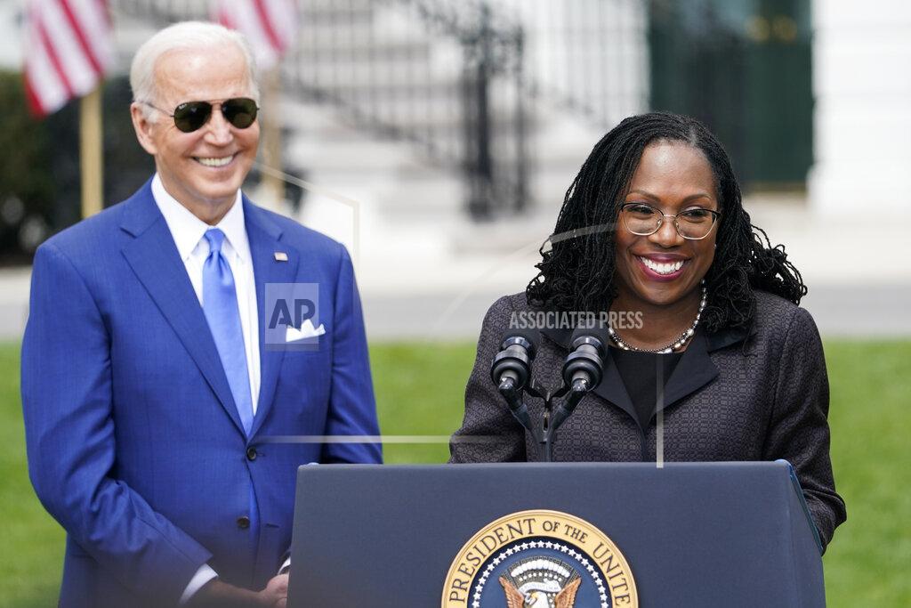 Andrew Harnik FILE - President Joe Biden listens as Judge Ketanji Brown Jackson speaks during an event on the South Lawn of the White House in Washington, April 8, 2022, celebrating the confirmation of Jackson as the first Black woman to reach the Supreme Court. The first Black woman confirmed for the Supreme Court, Jackson, is officially becoming a justice. Jackson will be sworn as the court’s 116th justice at midday Thursday, June 30, just as the man she is replacing, Justice Stephen Breyer, retires. (AP Photo/Andrew Harnik, File)