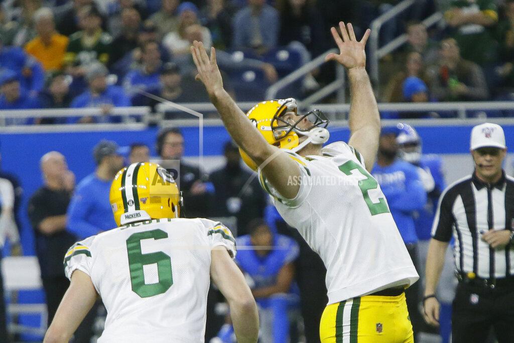 Duane Burleson Green Bay Packers kicker Mason Crosby (2) raises his arms after kicking the winning field goal during the second half of an NFL football game against the Detroit Lions, Sunday, Dec. 29, 2019, in Detroit. (AP Photo/Duane Burleson)
