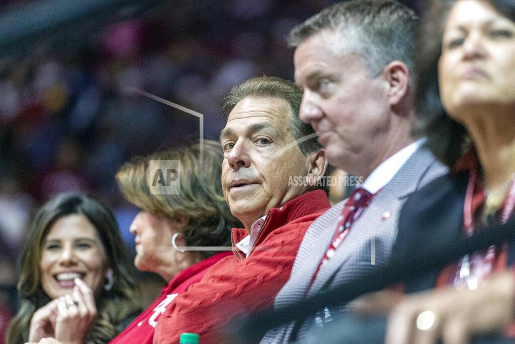 Alabama football coach Nick Saban attends the first half of an NCAA college basketball game between Alabama and LSU, Saturday, Feb. 15, 2020, in Tuscaloosa, Ala. (AP Photo/Vasha Hunt)