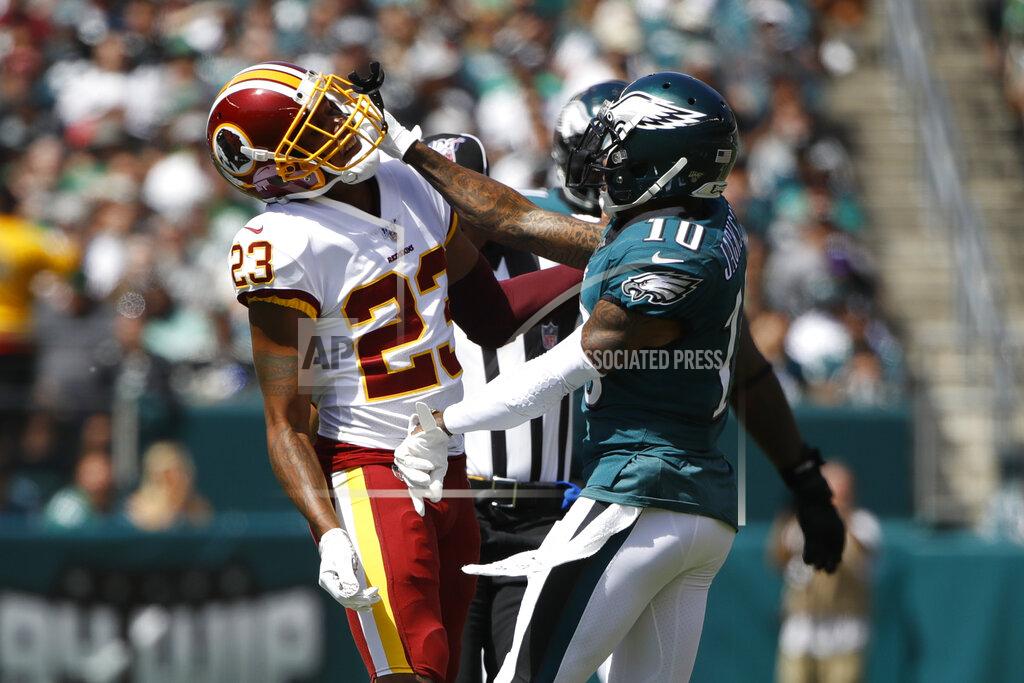 Matt Rourke Washington Redskins' Quinton Dunbar, left, and Philadelphia Eagles' DeSean Jackson scuffle during the first half of an NFL football game, Sunday, Sept. 8, 2019, in Philadelphia. (AP Photo/Matt Rourke)