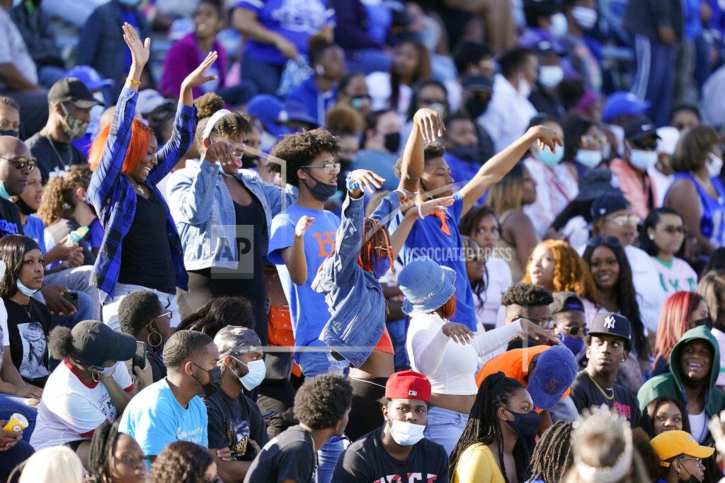 Mark Humphrey Tennessee State fans dance in the stands during the team's NCAA college football game against Southeast Missouri State on Sunday, April 11, 2021, in Nashville, Tenn. Because of COVID-19, the OVC postponed the 2020 season to the spring, and the decision was made to play games on Sunday because member schools needed flexibility to staff all the spring sports. (AP Photo/Mark Humphrey)