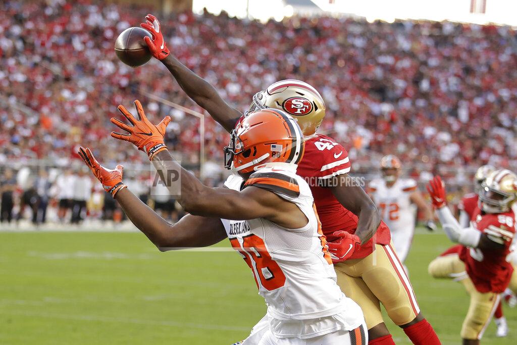Ben Margot San Francisco 49ers defensive back Emmanuel Moseley, top, breaks up a pass intended fo Cleveland Browns tight end Demetrius Harris during the first half of an NFL football game in Santa Clara, Calif., Monday, Oct. 7, 2019. (AP Photo/Ben Margot)