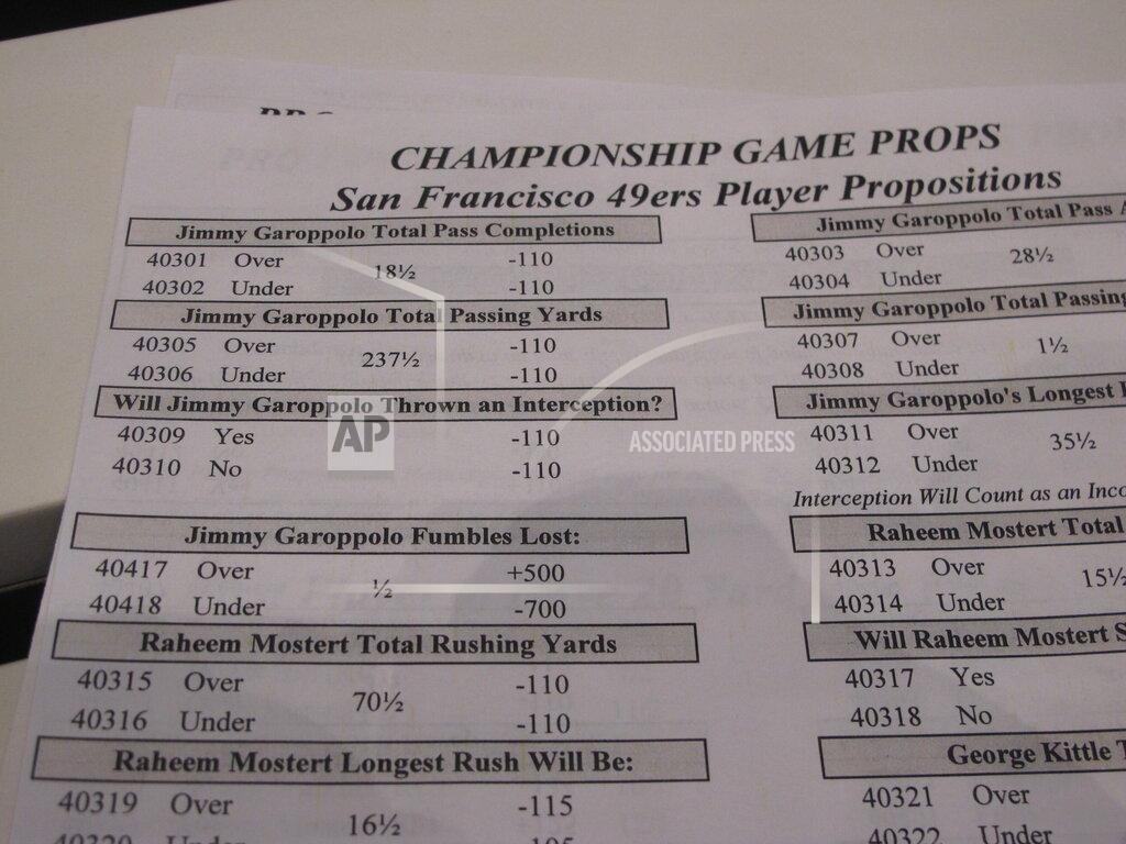 In this Jan. 29, 2020, photo, a paper inside Bally's casino in Atlantic City N.J., lists some of the many "proposition" bets that gamblers may make on the Super Bowl, wagering whether a particular outcome during the game will occur or not. Gambling industry officials expect Sunday's Super Bowl to be among the most heavily wagered-on championship games ever. (AP Photo/Wayne Parry)
