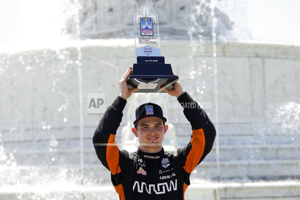 Paul Sancya Pato O'Ward celebrates after winning the second race of the IndyCar Detroit Grand Prix auto racing doubleheader on Belle Isle in Detroit Sunday, June 13, 2021. (AP Photo/Paul Sancya)