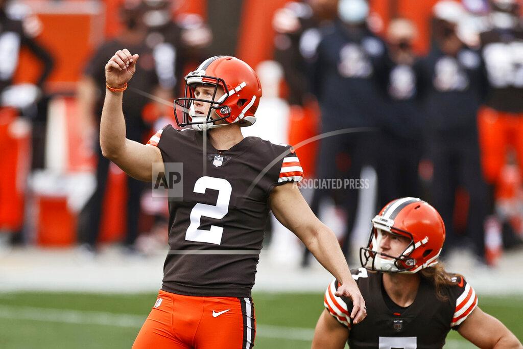 Ron Schwane Cleveland Browns kicker Cody Parkey (2) watches the ball after kicking a 24-yard field goal during the first half of an NFL football game against the Indianapolis Colts, Sunday, Oct. 11, 2020, in Cleveland. (AP Photo/Ron Schwane)