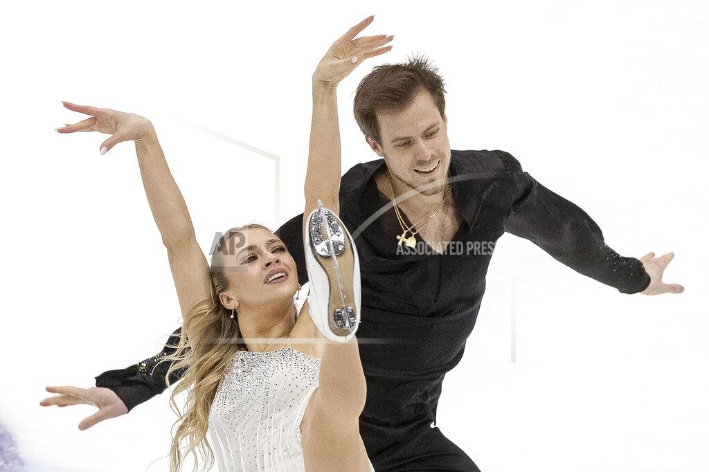 Raul Mee Victoria Sinitsina and Nikita Katsalapov of Russia perform during ice dance free dance competition of the ISU European Figure Skating Championships in Tallinn, Estonia, Saturday, Jan. 15, 2022. (AP Photo/Raul Mee)