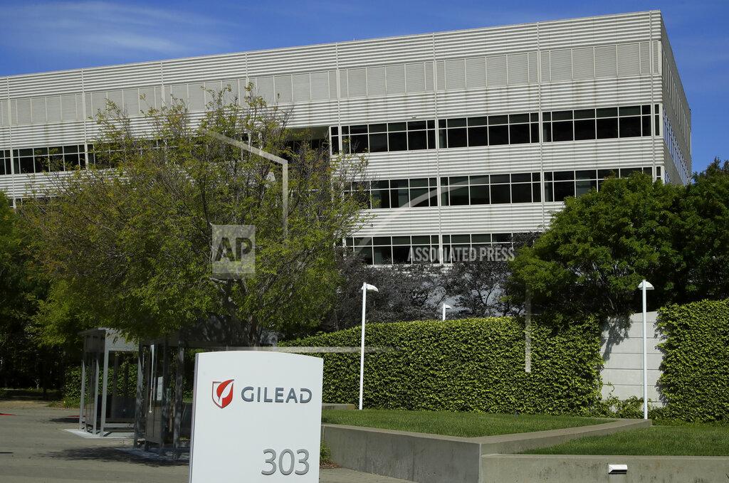 FILE - This is an April 30, 2020, file photo showing Gilead Sciences headquarters in Foster City, Calif. A California biotech company says its experimental drug remdesivir improved symptoms when given for five days to moderately ill, hospitalized patients with COVID-19. Gilead Sciences gave few details on Monday, June 1, 2020, but said full results would soon be published in a medical journal. (AP Photo/Ben Margot, File)