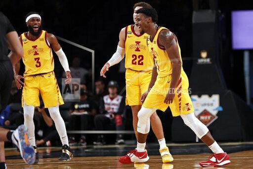Iowa State's Izaiah Brockington reacts after making a 3-point basket against Xavier during the second half of an NCAA college basketball game in the NIT Season Tip-Off tournament Wednesday, Nov. 24, 2021, in New York. (AP Photo/Adam Hunger)