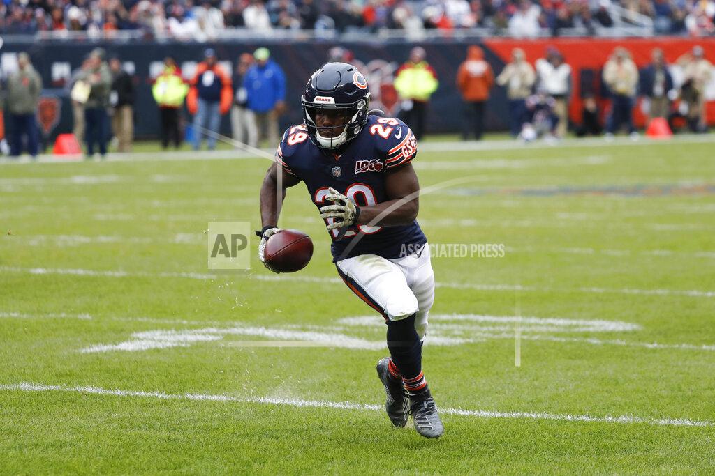 Charles Rex Arbogast Chicago Bears running back Tarik Cohen runs the ball for 9-yard touchdown reception during the second half of an NFL football game against the Detroit Lions in Chicago, Sunday, Nov. 10, 2019. (AP Photo/Charles Rex Arbogast)