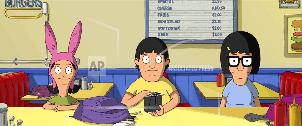 Uncredited This image released by 20th Century Studios shows, from left, Louise Belcher, voiced by Kristen Schaal, Gene Belcher, voiced by Eugene Mirman, and Tina Belcher, voiced by Dan Mintz, in a scene from "The Bob's Burgers Movie." (20th Century Studios via AP)