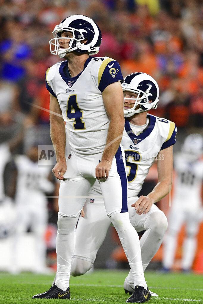 David Dermer Los Angeles Rams kicker Greg Zuerlein (4) reacts to a missed field goal during the first half of an NFL football game against the Cleveland Browns, Sunday, Sept. 22, 2019, in Cleveland. (AP Photo/David Dermer)