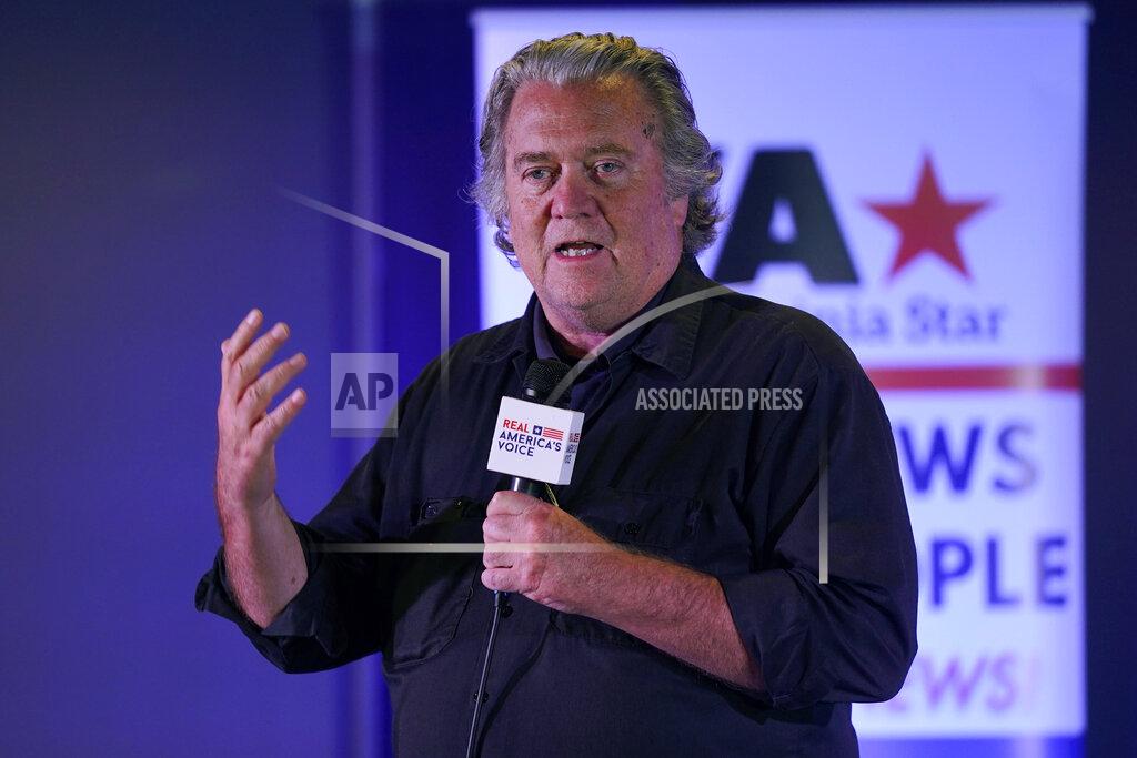 Steve Helber Political strategist Steve Bannon gestures during a speech during an election rally in Richmond, Va., Wednesday, Oct. 13, 2021. Conservative radio host John Fredericks, a former Trump campaign chairman in Virginia, organized the "Take Back Virginia Rally" in which former President Donald Trump called in. (AP Photo/Steve Helber)
