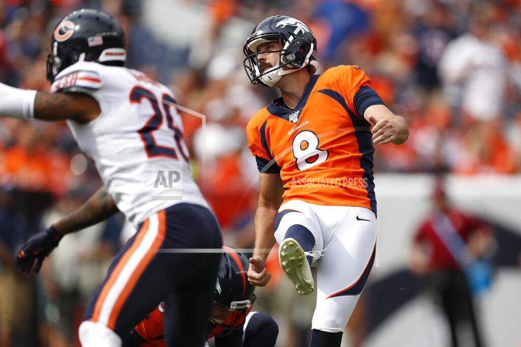 David Zalubowski Denver Broncos kicker Brandon McManus (8) watches his field goal split the uprights against the Chicago Bears during the first half of an NFL football game, Sunday, Sept. 15, 2019, in Denver. (AP Photo/David Zalubowski)