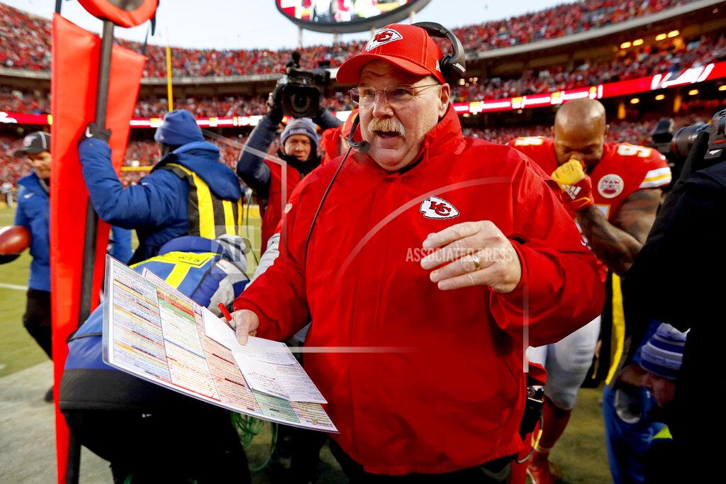 Charlie Neibergall Kansas City Chiefs head coach Andy Reid celebrates after the NFL AFC Championship football game against the Tennessee Titans Sunday, Jan. 19, 2020, in Kansas City, MO. The Chiefs won 35-24 to advance to Super Bowl 54. (AP Photo/Charlie Neibergall)