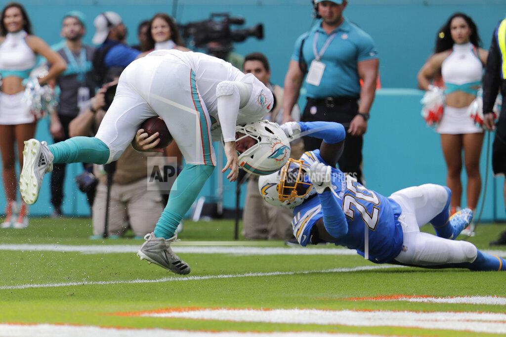 Lynne Sladky Los Angeles Chargers defensive back Desmond King (20) tackles Miami Dolphins quarterback Josh Rosen (3), during the second half at an NFL football game, Sunday, Sept. 29, 2019, in Miami Gardens, Fla. (AP Photo/Lynne Sladky)