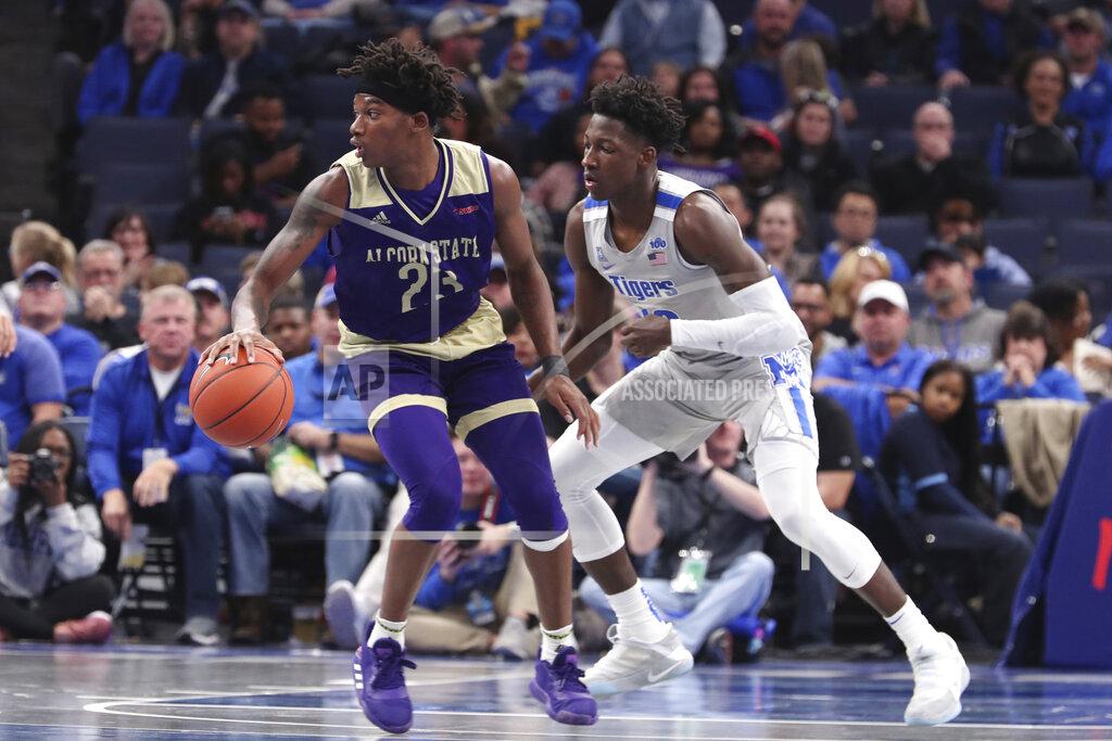 Karen Pulfer Focht Memphis' Damion Baugh (10) moves in on Alcorn States' Dominic Brewton (23) in the second half of an NCAA college basketball game Saturday, Nov. 16, 2019, in Memphis, Tenn. (AP Photo/Karen Pulfer Focht)
