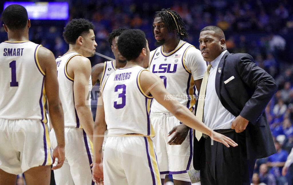 Mark Humphrey LSU interim head coach Tony Benford talks with his players in the second half of an NCAA college basketball game against Florida at the Southeastern Conference tournament Friday, March 15, 2019, in Nashville, Tenn. Florida won 76-73. (AP Photo/Mark Humphrey)