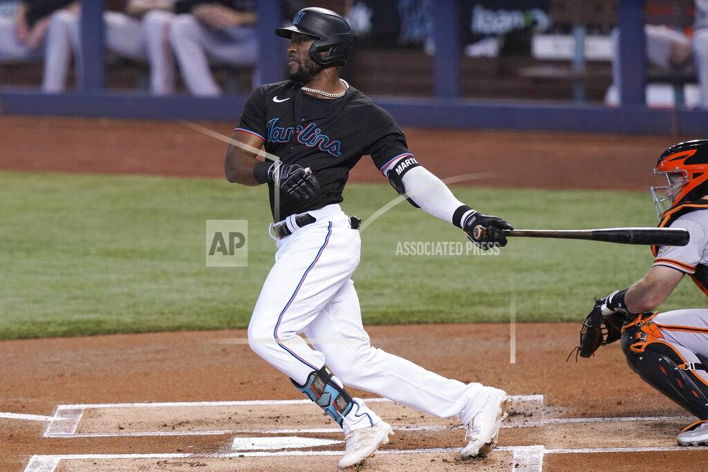 Marta Lavandier Miami Marlins' Starling Marte grounds into a force out during the first inning of the team's baseball game against the San Francisco Giants, Saturday, April 17, 2021, in Miami. (AP Photo/Marta Lavandier)