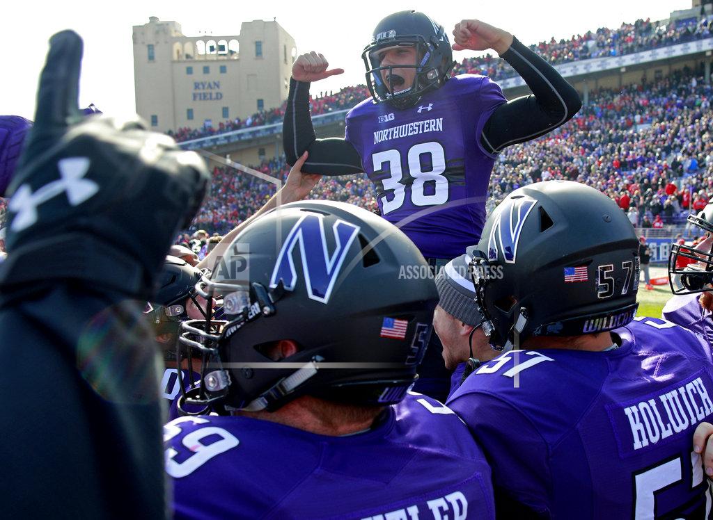 Jim Young Northwestern's Drew Luckenbaugh (38) celebrates his game-winning field goal in overtime against Nebraska in an NCAA college football game Saturday, Oct. 13, 2018, in Evanston, Ill.. (AP Photo/Jim Young)