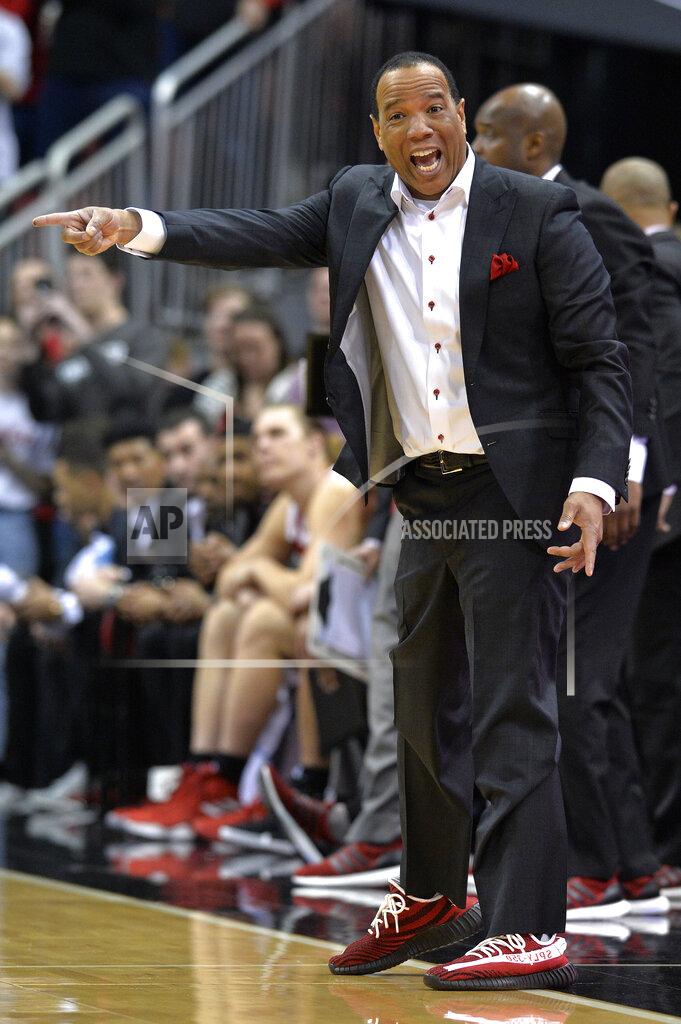 Timothy D. Easley North Carolina State coach Kevin Keatts argues a call during the second half of the team's NCAA college basketball game against Louisville in Louisville, Ky., Thursday, Jan. 24, 2019. Louisville won 84-77. (AP Photo/Timothy D. Easley)