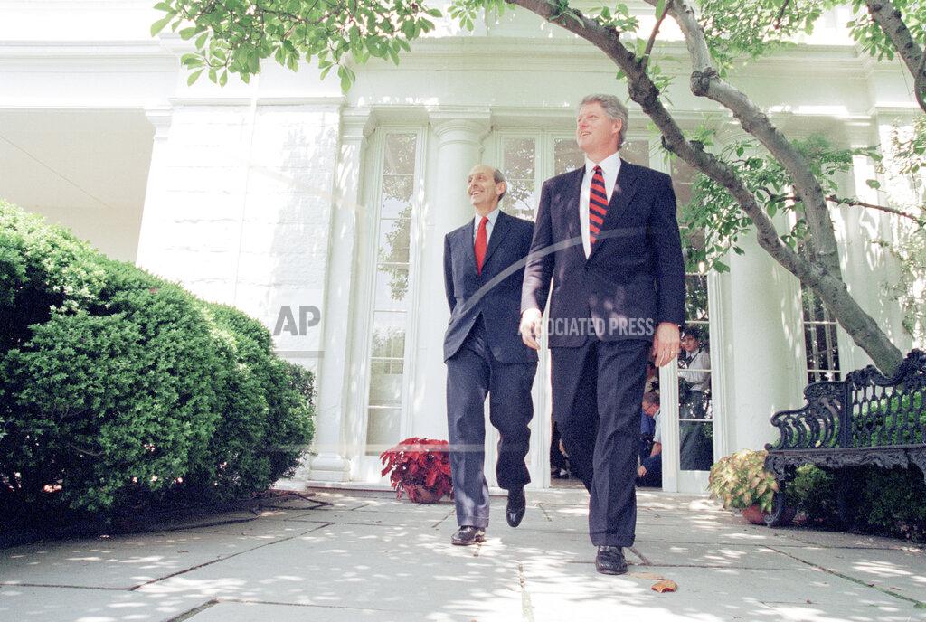 Doug Mills FILE - In this May 16, 1994, file photo President Bill Clinton and his Supreme Court nominee Stephen Breyer leave the White House in Washington, for the Rose Garden where the President officially introduced Breyer to the nation. Breyer said in a letter to President Joe Biden that his retirement will take effect on Thursday, June 30, 2022, at noon, after nearly 28 years on the nation’s highest court. (AP Photo/Doug Mills, File)